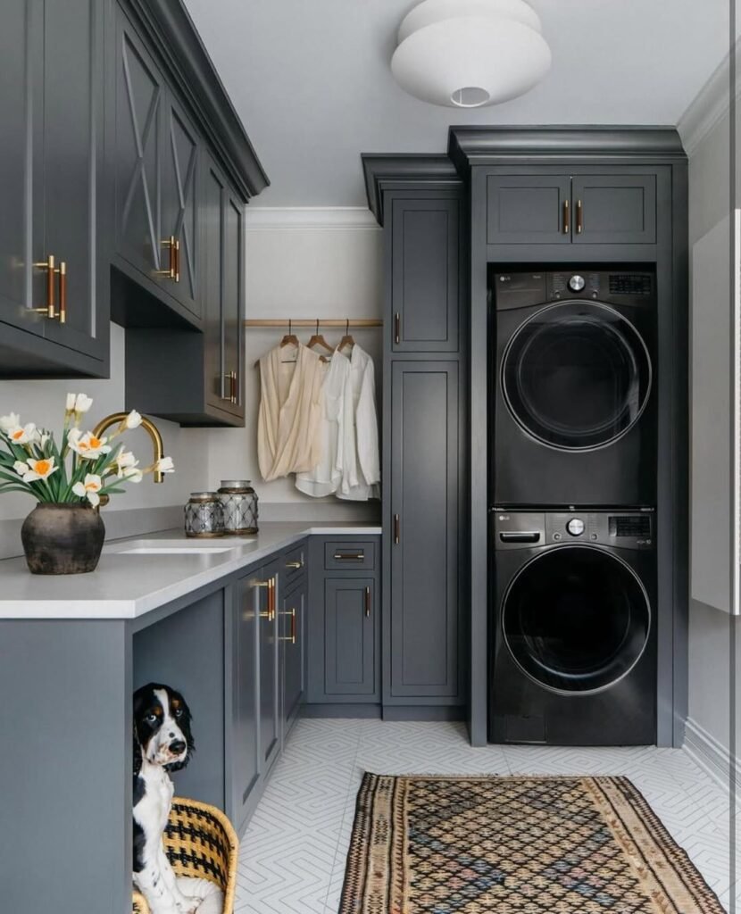  laundry room dark blue cabinets design