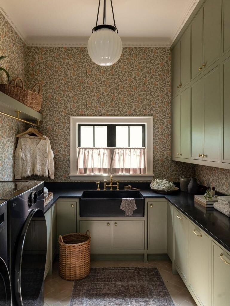  laundry room  cabinets with wallpaper design
