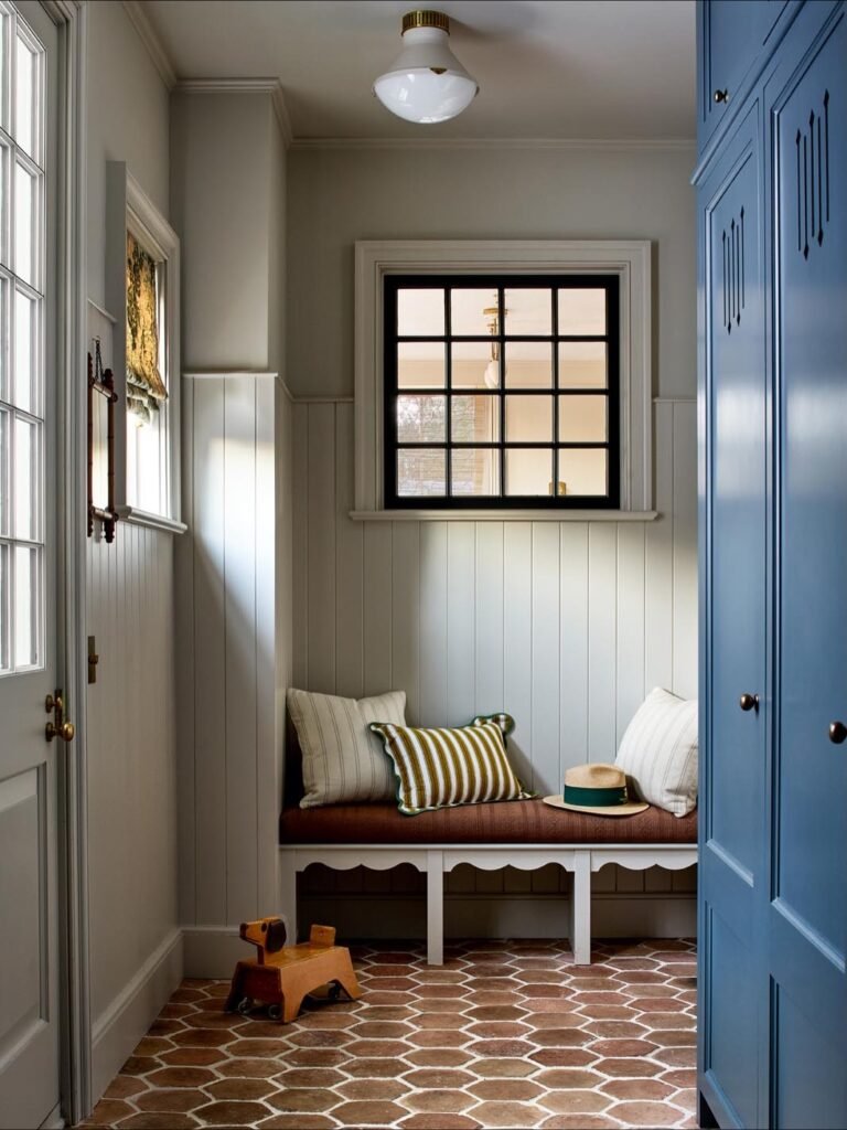 Mudroom cabinet design Ideas with stone floor