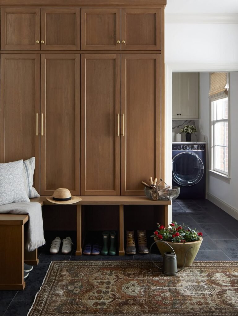 Mudroom entryway warm wood cabinet design Ideas