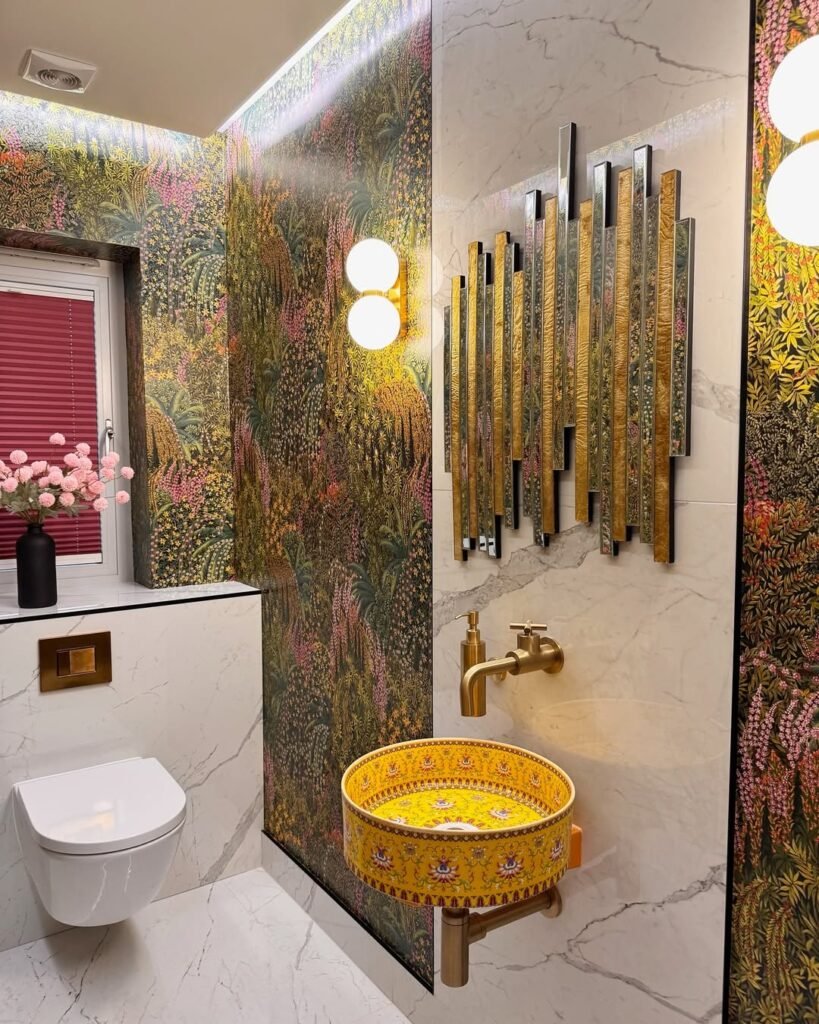 a bold, jewel box cloakroom with marnie basin paired with the osc