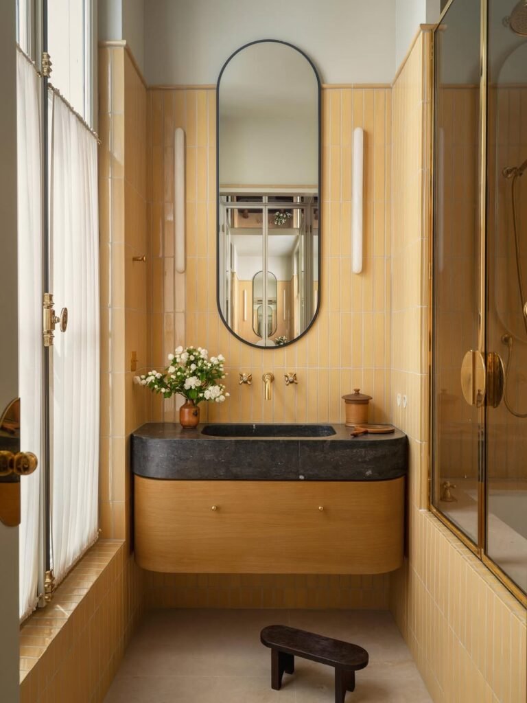 a small beautiful bathroom with tiles wood black marble and wood vanity