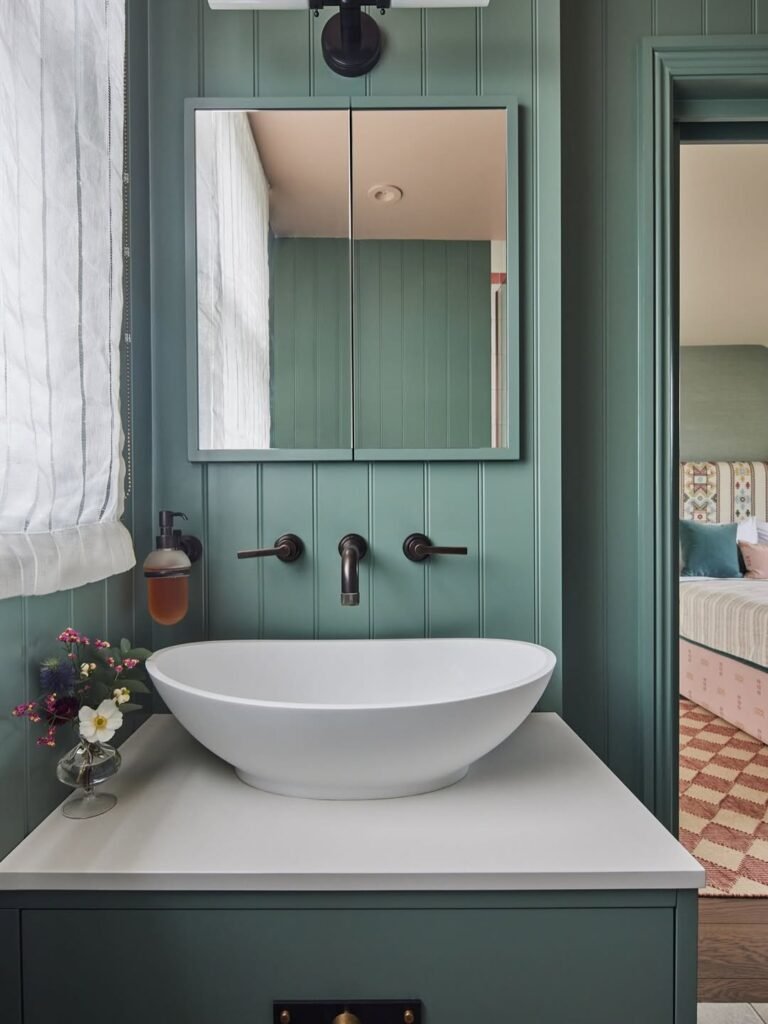 ambleside green in bathroom with wall paneling