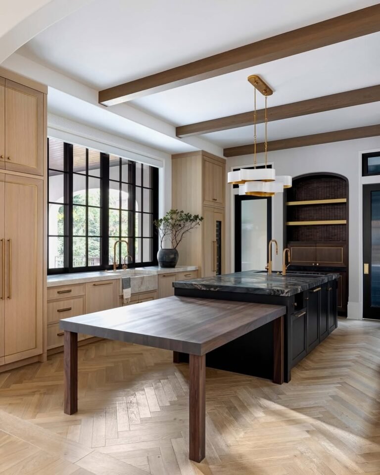 closed kitchen with fluted glass doors and steel fram window