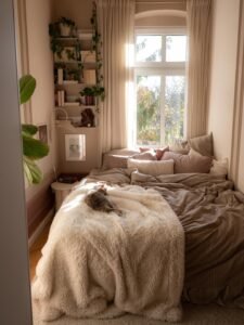 cute small and cozy bedroom sheves decorating idea