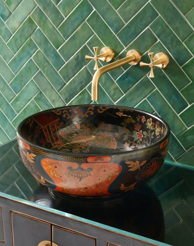 ophelia countertop basin with green tiles