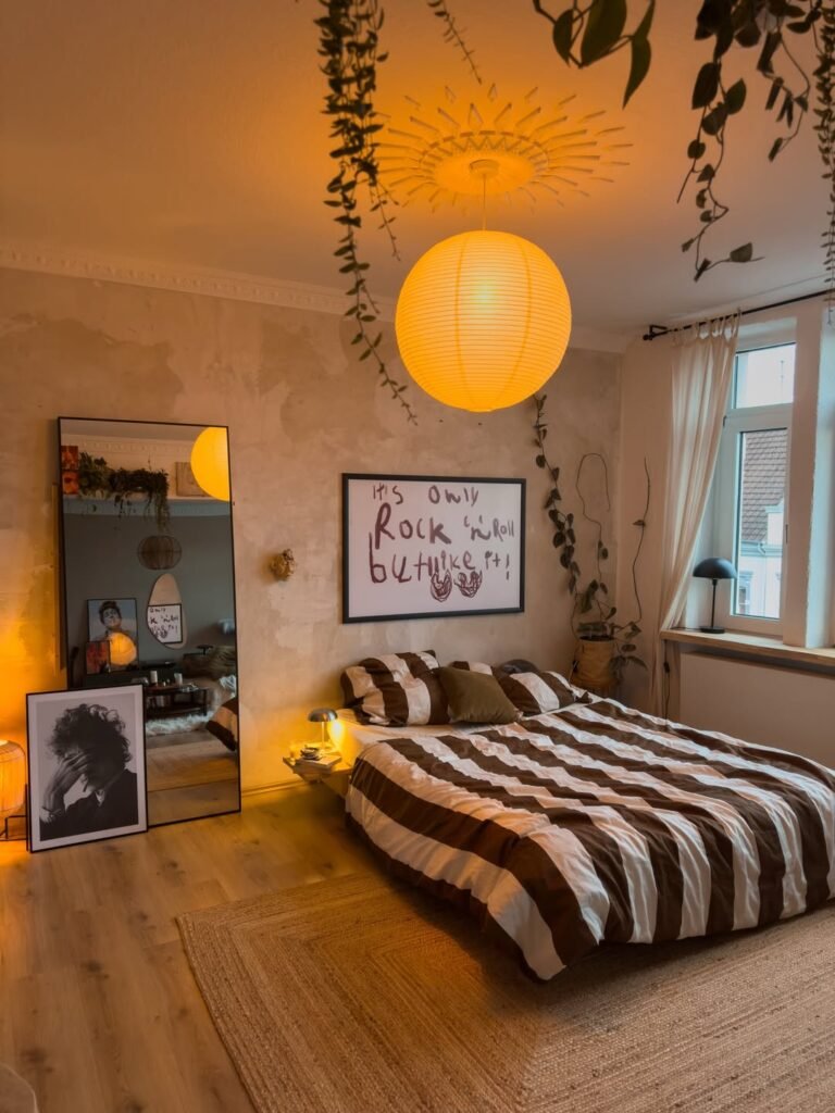 beautiful boho chic style bedroom with paper lantern lighting
