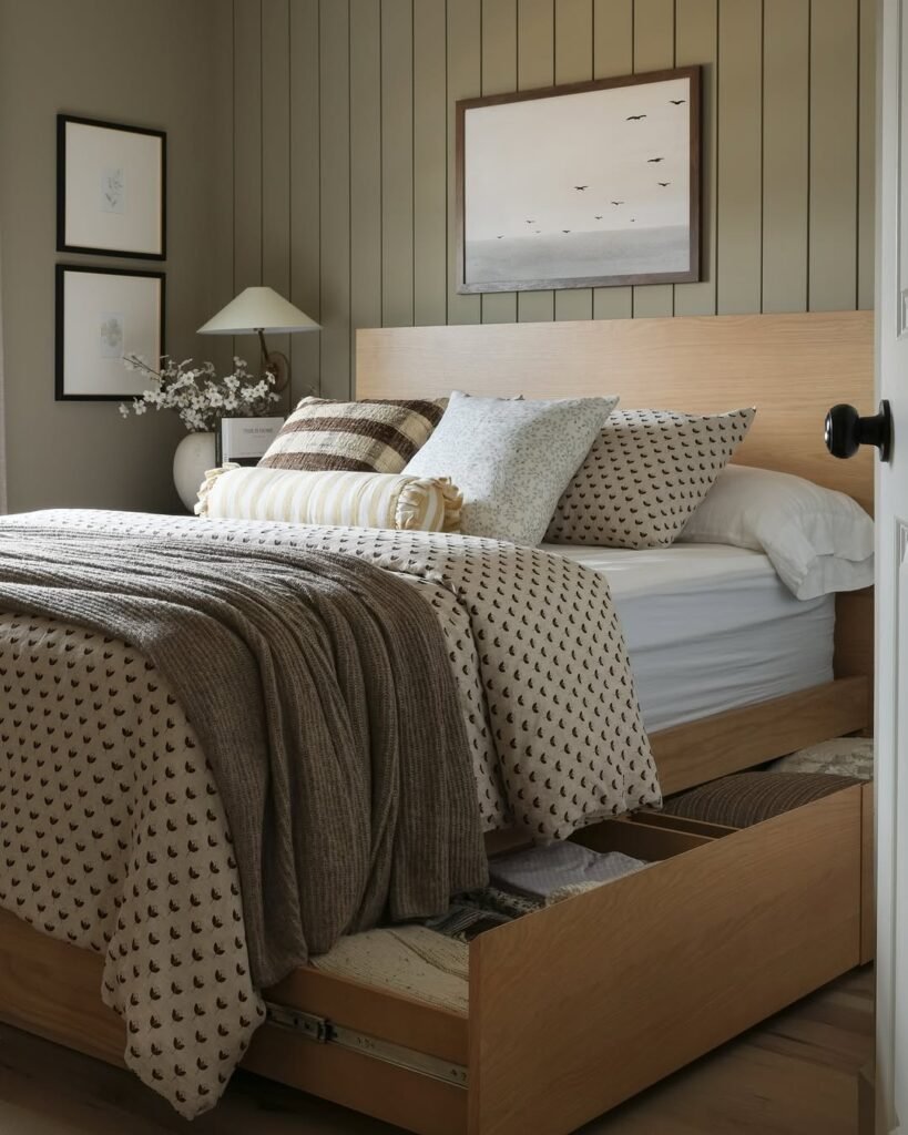 beautiful light wood bed with hidden storage