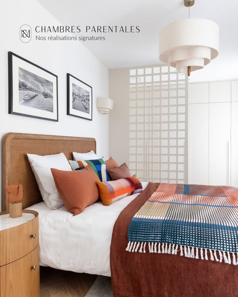 bedroom with a throw and a rattan headbord