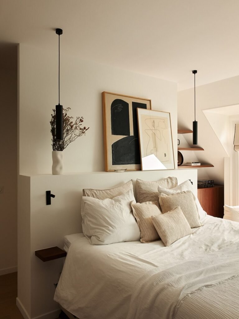 bedroom with art against the wall above bed decor idea
