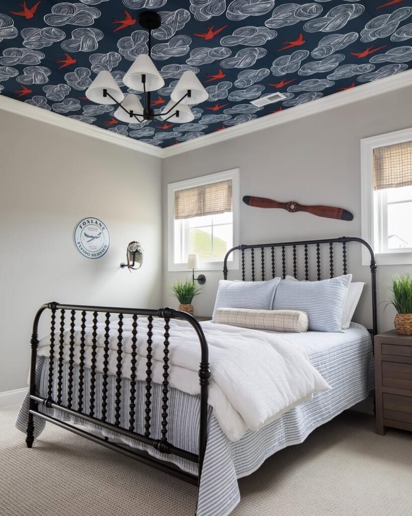 blue wallpaper in the ceiling of cute bedroom