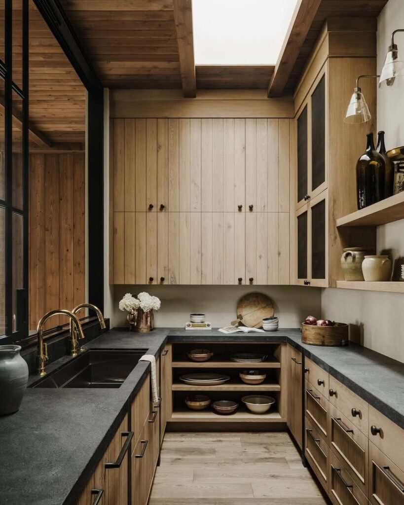 closed elegent kitchen with steel and glass window