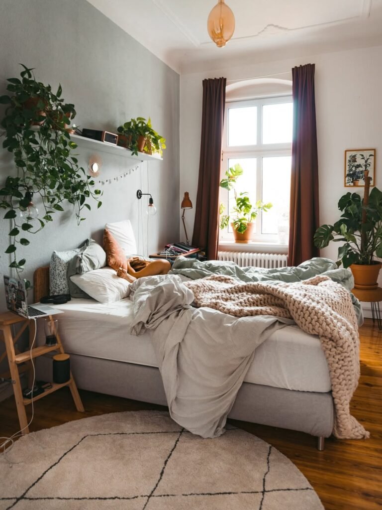cozy boho style bedroom with rich fabrics textures