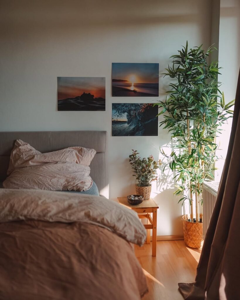 cozy boho style bedroom with tree decoration