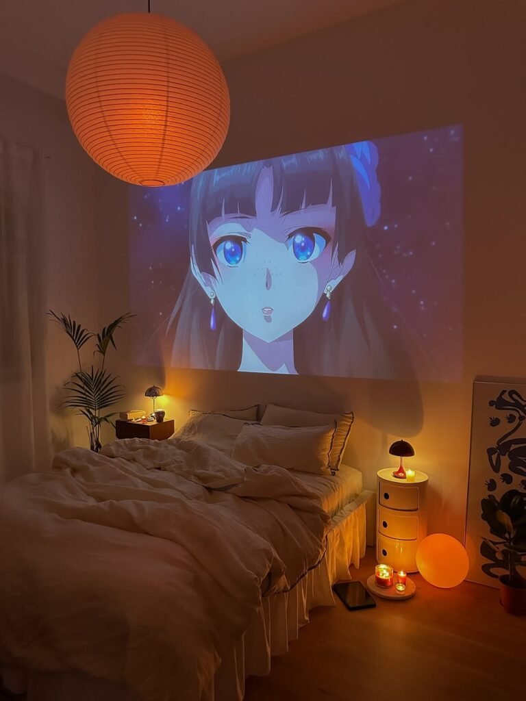 cozy chic boho style bedroom with warm layered lighting