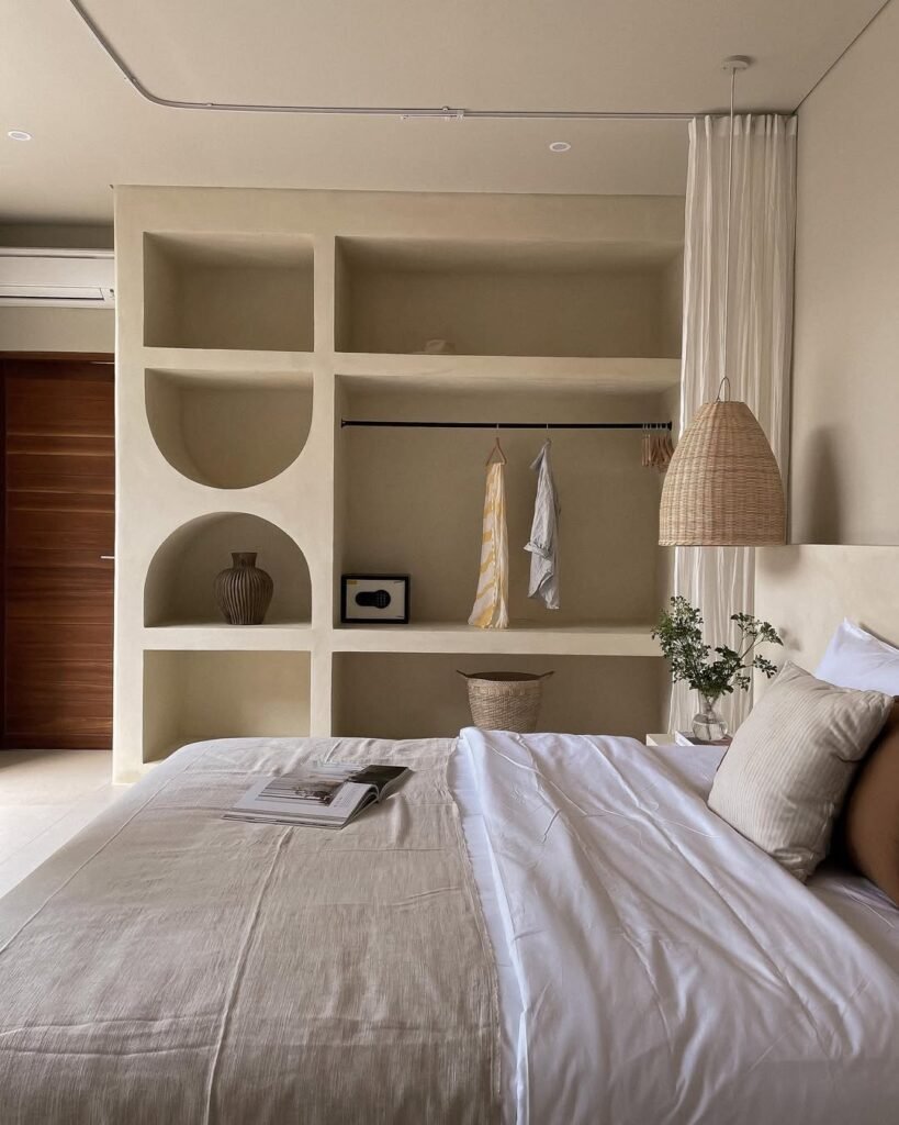 cozy elegent spa like boho style bedroom with built in arched niches