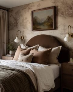 cozy quite bedroom with fresh sheets, layered neutrals,
