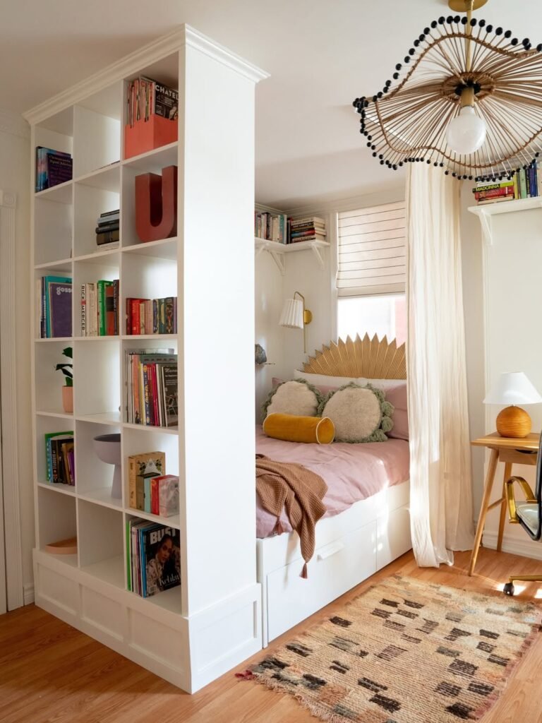 cute book storage in bedroom