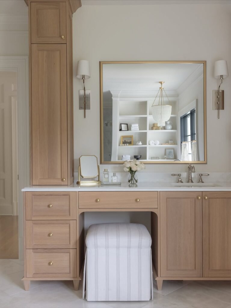 masterfuly designed bathroom with light wood vanity and cabinets