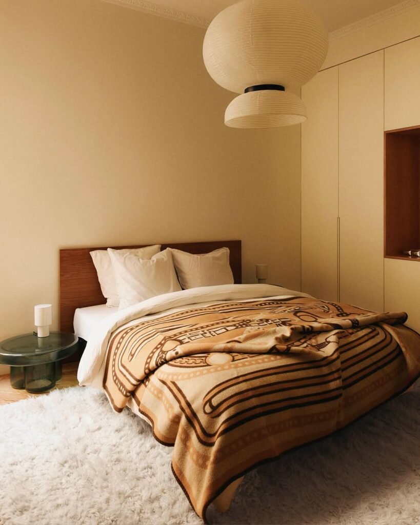 serene boho style bedroom with beautiful rug