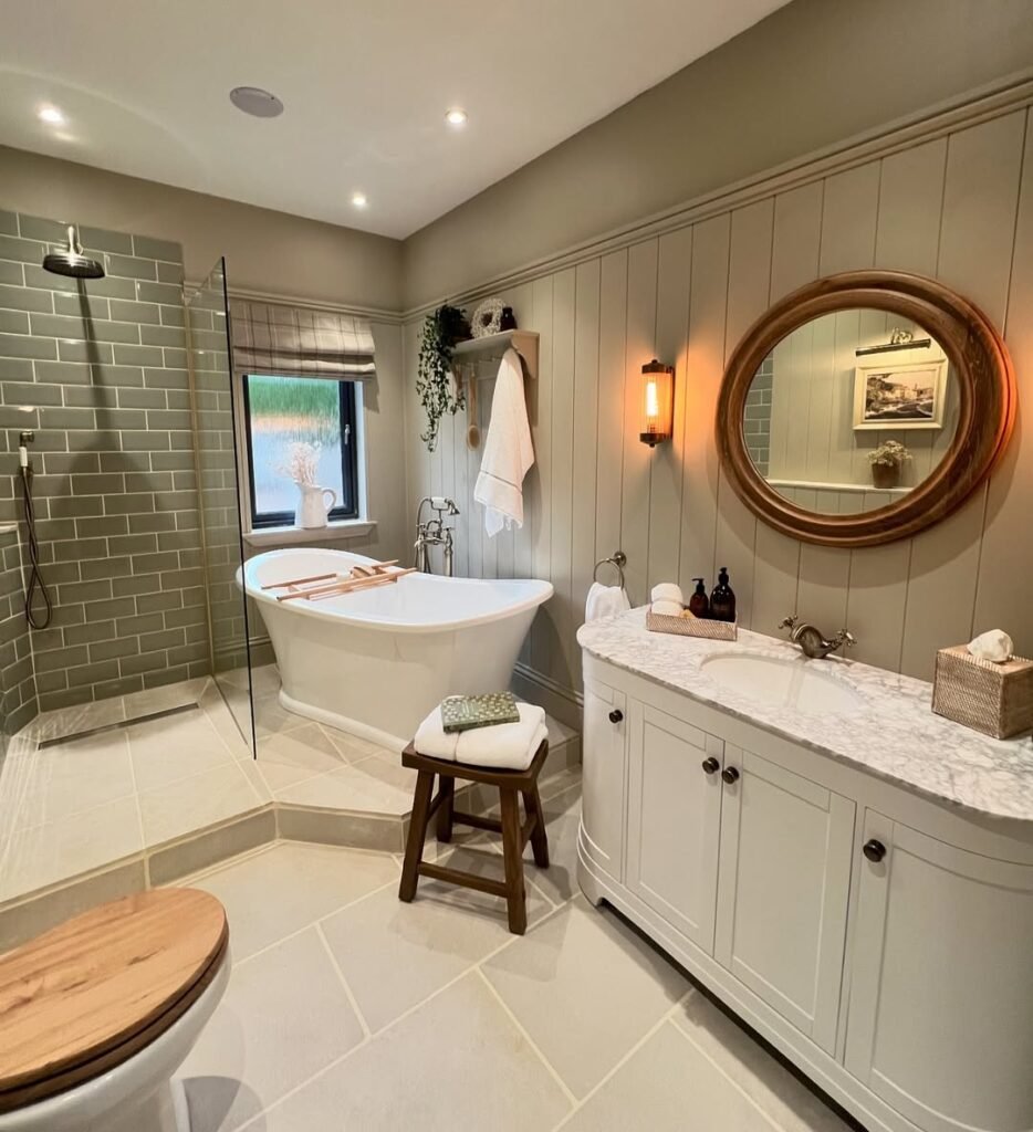 stunning bathroom space in drop cloth green paint color