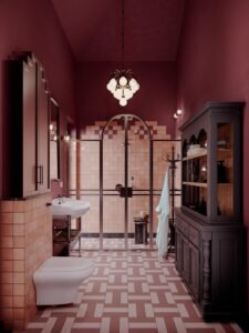 stunning bathroom with burgandy color paint and tiles
