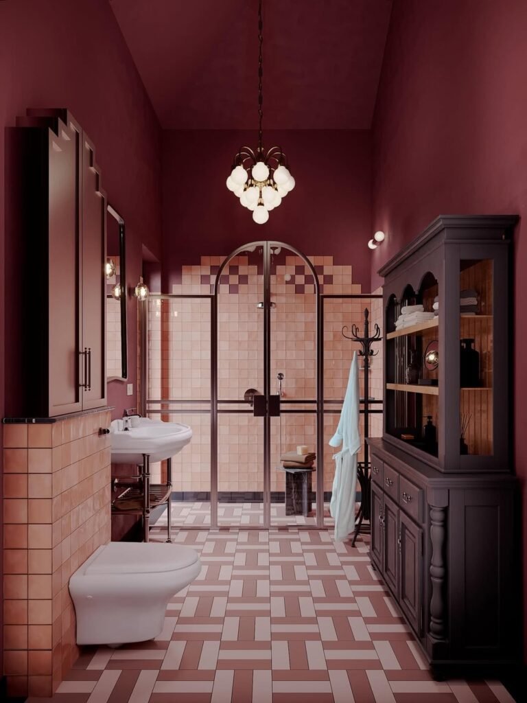 stunning bathroom with burgandy color paint and tiles